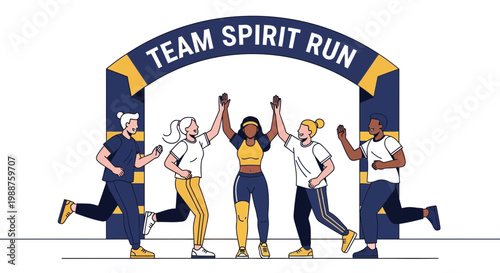 Team Spirit Run: Diverse Athletes Celebrate Finish Line, Demonstrating Victory and Camaraderie