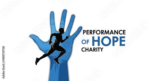 Symbolic representation of performance and charity depicting a silhouette runner in a blue hand