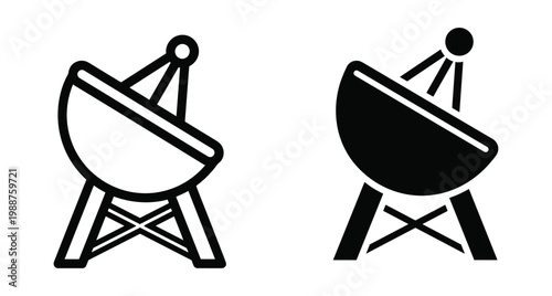Satellite dish antenna icons for telecommunication broadcasting wireless signal transmission technology communication network data receiver radio wave equipment vector set