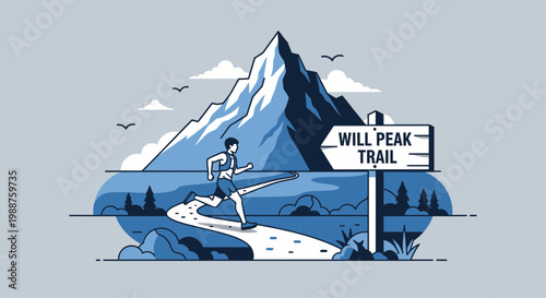 Trail Runner Ascends Majestic Mountain Path Sign Direction Adventure