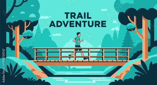 Trail Runner Crossing Wooden Bridge in Nature in a Stylish Modern Vector Illustration