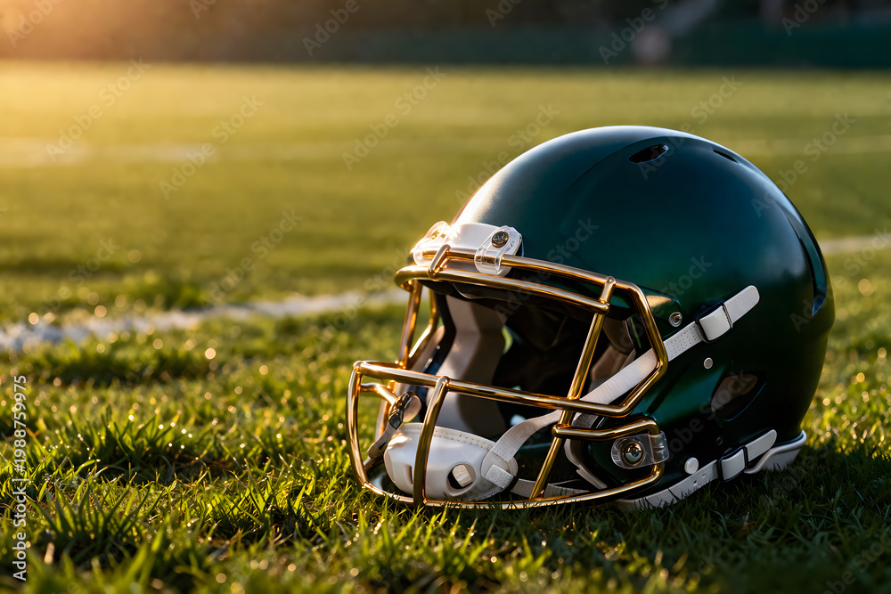 Fototapeta premium Green football helmet resting on grass at sunset