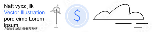 Renewable energy, financial planning, eco-friendliness, clean energy, sustainability, environmental awareness. A wind turbine, dollar sign and cloud outline. Renewable energy and financial growth