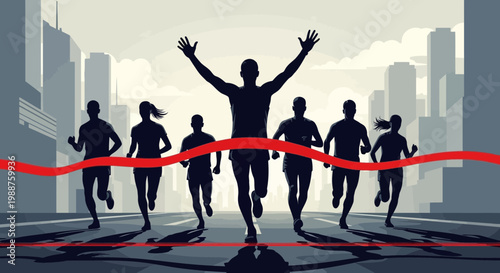 Triumphant Runner Crossing the Finish Line with Others in Urban Cityscape Setting