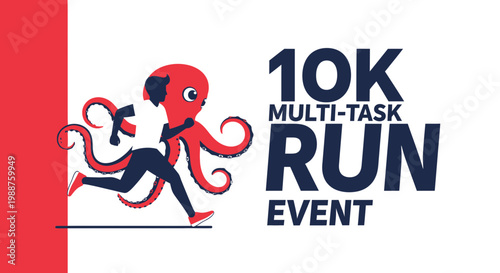 Unique 10K Multi-Task Run Event Illustration Featuring a Person and a Playful Octopus Emblem