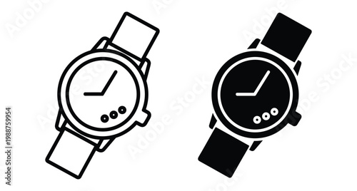 Wrist watch icon set with outline and solid black styles for time management tracking fashion accessory and mobile app interface design