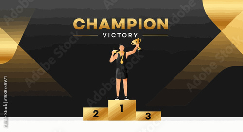 Triumphant Athlete Celebrates Victory on Podium with Trophy and Gold Medals