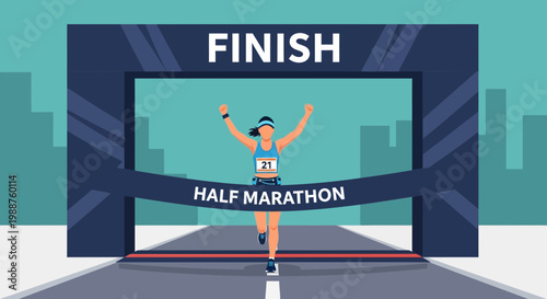 Triumphant Woman Reaches Finish Line After Achieving Half Marathon Goal