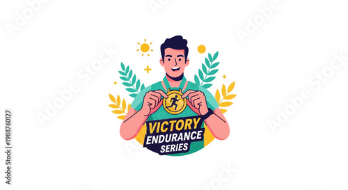 Triumphant Athlete Celebrating Victory With a Gold Medal and Flourishes Around