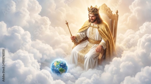 Jesus Christ sitting on a heavenly throne with a crown and scepter above the earth. Religious concept of God as king of the world in the clouds. Christian spiritual worship art.