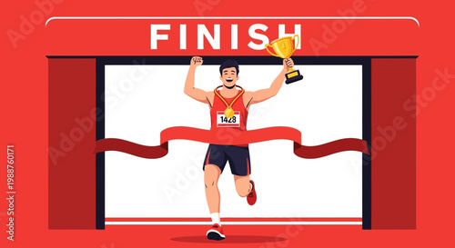 Triumphant Athlete Crossing Finish Line Celebrating Victory with Trophy in Hand