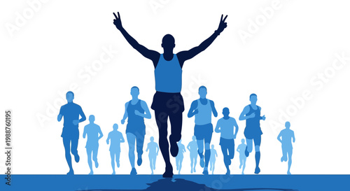 Triumphant Athlete Crossing Finish Line with Energetic Runners Celebrating Victory Always