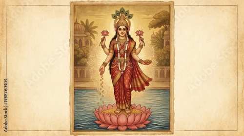 Lakshmi standing on lotus flower. Hindu goddess of wealth and prosperity pouring gold coins. Traditional Indian spiritual illustration for festival decoration and religious worship.
