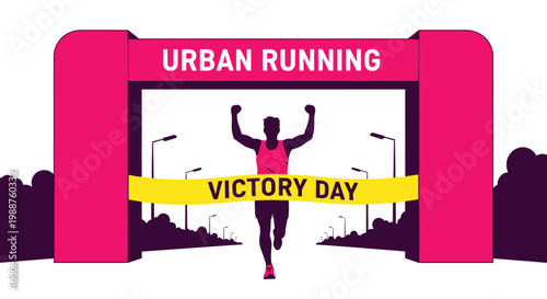 Triumphant Athlete Races Across the Finish Line on Victory Day During Urban Race Event