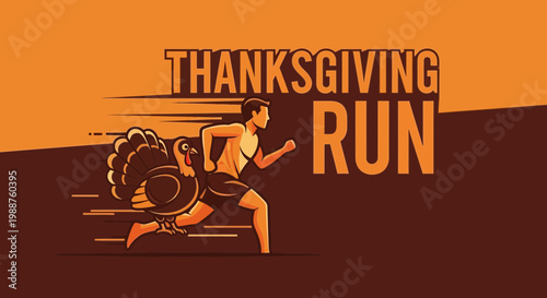 Thanksgiving Run Illustration Depicting Athlete Racing a Turkey Against a Vibrant Background