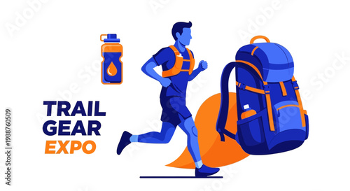 Trail Gear Expo: Energetic Runner, Backpack and Water Bottle, Isolated on White Background