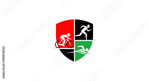 Triathlon Symbol: Cyclist, Runner And Swimmer In A Shield Shape Illustrating The Sport
