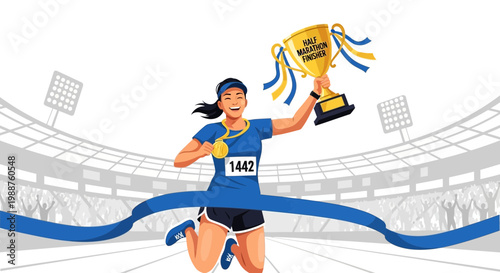 Triumphant Marathon Runner Breaks Through Finish Line Holding Championship Trophy