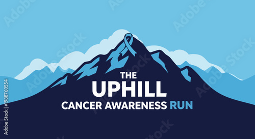 Uphill Cancer Awareness Run Icon Depicting a Mountain with Blue Ribbon Symbol