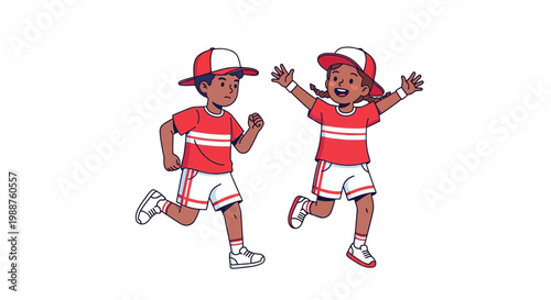 Two Energetic Children In Matching Athletic Outfits Running And Jumping With Joy