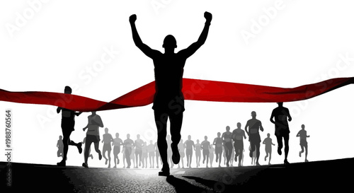 Triumphant Runner Breaking Finish Line Tape Demonstrates Achievement and Victory