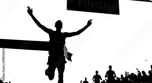 Triumph At Finish Line: A Silhouette Runner Celebrating Victory And Crossing The Finish