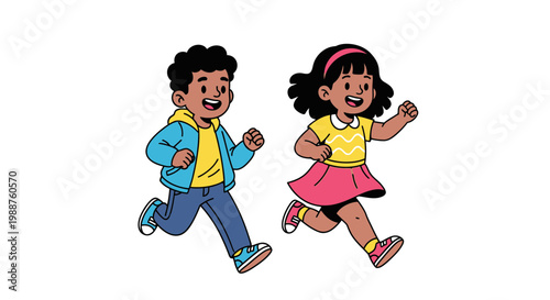 Two Joyful Children Running Together in a Vibrant and Energetic Illustration