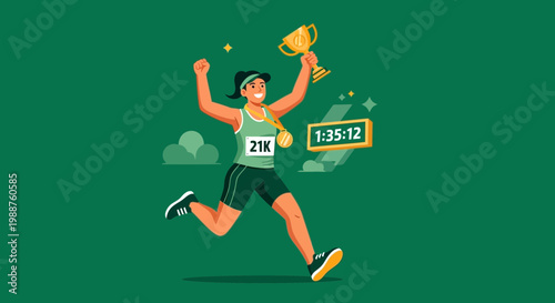 Triumphant Runner Celebrates Marathon Victory Holding Golden Trophy And Medal
