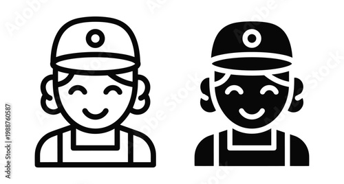 Female worker icon set featuring a smiling woman wearing a cap and uniform overalls in outline and solid glyph styles