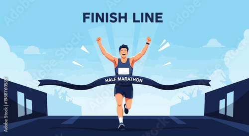 Triumph At Finish Line: A Runner's Victorious Moment After Half Marathon