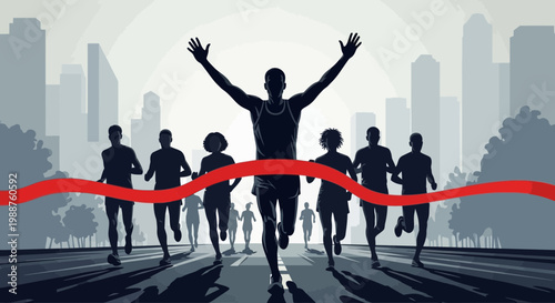Triumph At Finish Line: A Vector Illustration Of Race Runners And City Silhouette