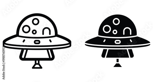 UFO flying saucer icon set with outline and solid black versions for space exploration science fiction and alien technology design