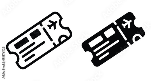 Airplane boarding pass ticket icon set with outline and solid glyph styles for travel flight booking and airport check in services