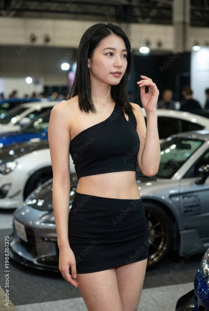 Fototapeta premium カスタムカーの展示会場で髪に手をやる黒いアシンメトリー衣装の女性