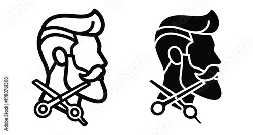 Barber shop logo icon featuring man with beard mustache and scissors for hair salon grooming services male styling professional haircutting