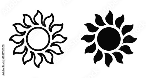 Sun icon set with outline and solid black versions featuring wavy rays representing heat summer weather solar energy and light