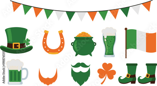 St. Patrick's Day Icon Set with Leprechaun Hat, Horseshoe, Pot of Gold, Beer, Irish Flag, Shamrock and Boots for Festive Designs