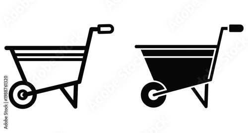 Wheelbarrow icon set with outline and solid black versions for gardening construction landscaping agriculture farming industrial equipment and site maintenance
