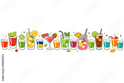 Playful Seamless Border of Colorful Cocktails, Alcoholic Shots, and Refreshing Summer Drinks with Fruit Garnishes like Lime, Lemon, Mint, and Berries, Hand Drawn Vector Illustration on White