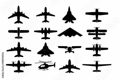 Comprehensive collection of 16 aircraft silhouettes from a top view including commercial airliners, military fighter jets, stealth bombers, helicopters, biplanes, and private propeller planes.