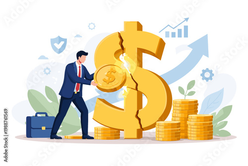 Businessman repairing a cracked gold dollar sign with coins, symbolizing financial crisis recovery, economic stability, investment strategy, wealth restoration, and market growth management.