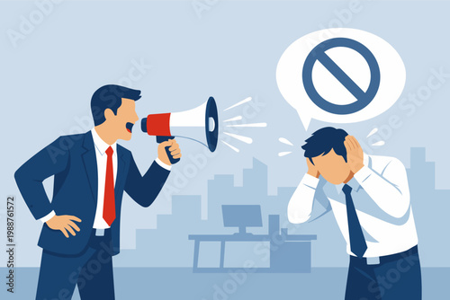 Angry businessman shouting through a megaphone at a stressed colleague covering his ears in an office, featuring a forbidden symbol speech bubble representing censorship and workplace conflict.