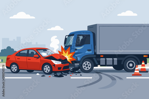 Car Accident Vector Illustration Showing a Red Sedan and Blue Truck Collision on a City Road. Road Crash Concept with Smoke, Debris, Skid Marks, and Traffic Cones on the Asphalt Surface.