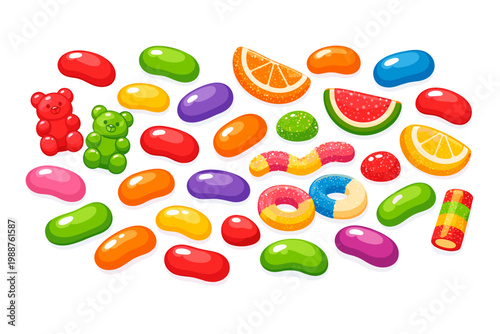 Assorted colorful gummy candies and jelly beans collection. Tasty gelatin sweets for kids including gummy bears, worms, fruit slices, and rings. Bright fruit marmalade chewing confection vector.