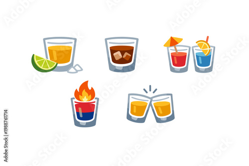 Flat Vector Icon Set of Shot Glasses with Tequila and Lime, Whiskey on the Rocks, Colorful Cocktails with Umbrella, Flaming Shot, and Two Glasses Clinking for Cheers and Party Celebration