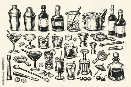 Vintage Hand-Drawn Bar Collection Featuring Cocktails, Shakers, Glasses, Bottles, and Barware Elements; Engraving Style Illustration of Alcohol Mixology Tools, Equipment, and Drinks for Menu Design