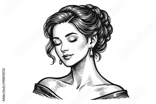 Elegant Young Woman with Closed Eyes and Soft Expression, Vintage Sketch Engraving Style Portrait of a Beautiful Lady with an Updo Hairstyle and Earrings, Classic Hand-Drawn Vector Art Design