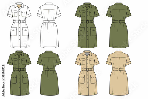Women's Safari Shirt Dress Technical Fashion Illustration, Midi Button Down Dress with Belt and Utility Pockets, Front and Back View Fashion Flat Sketch in White, Olive Green, and Khaki Beige
