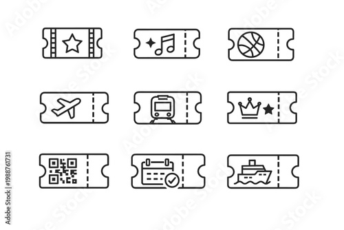 Minimalist ticket and entry pass line icon set for cinema, music concert, sport event, flight, train transport, VIP access, QR code, calendar booking, and cruise ship travel. Vector illustration.