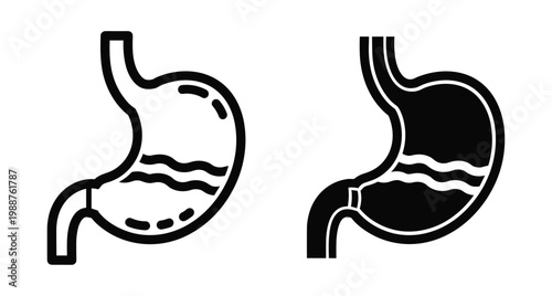 Human stomach anatomy icon set showing digestive system organ in outline and solid black style for medical healthcare design projects